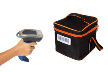 Hoding and scanning picnic box with barcode scanner over white b