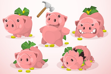 Set of piggy bank in different situations