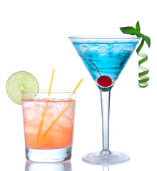 Martini cocktail blue hawaiian and yellow margarita