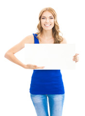 Fototapeta premium Woman showing blank signboard, on white