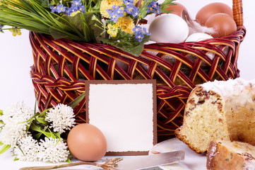Traditional Easter cake and easter eggs with flowers