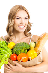 Woman with vegetarian food, on white