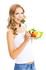 Woman with vegetarian salad, over white