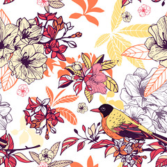 Seamless floral pattern with bird