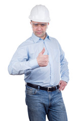 Engineer in white hard hat and thumb up