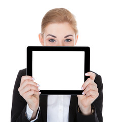 Smiling Businesswoman Holding Digital Tablet