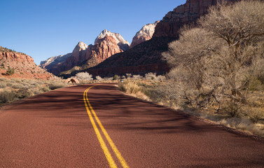 Road Sunrise High Mountain Buttes Zion National Park Desert SW