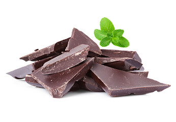 Closeup detail of chocolate parts on white background.