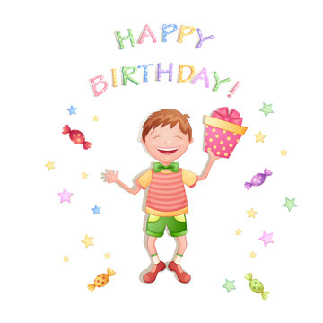Happy birthday illustration with happy boy holding a gift box.