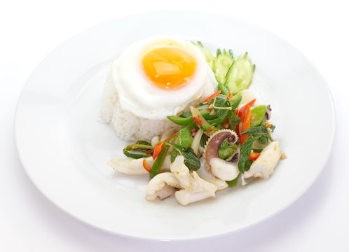 fried basil leave with squid and white rice ,fried egg
