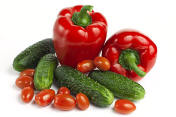 sweet red bell pepper, cucumbers and tomatoes