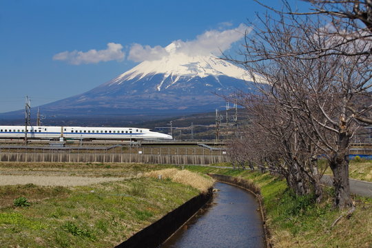 japan bullet train shinkansen and mountain fuji