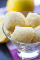 Lemon ice cream sorbet, balls in glass, refreshing summer diet