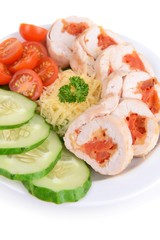 Delicious chicken roll on plate close-up