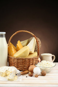 Basket with tasty dairy products
