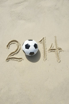 Sporty 2014 Message in Sand with Football Soccer Ball