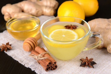 Healthy ginger tea with lemon and honey on table close-up
