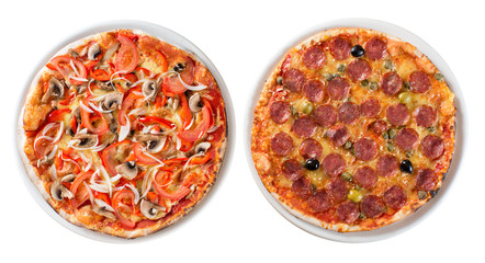 Two italian pizzas isolated on white top view