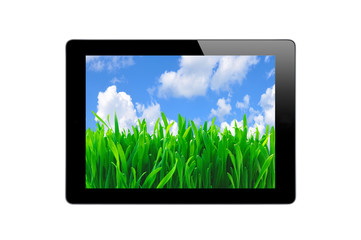 Black Touch Screen Tablet with Blue Sky and Green Grass