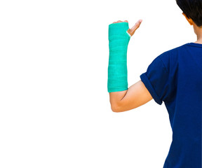 green cast on hand and arm on white background