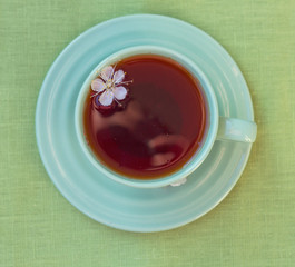 Green cup of tea. View from above