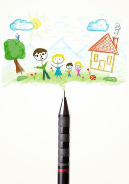 Pen close-up with a drawing of a family