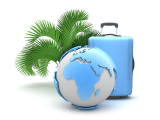 Earth globe, suitcase and palm tree