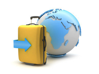 Suitcase and earth globe on white background
