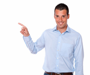 Charismatic man pointing to his right