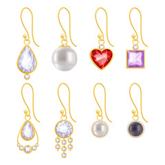 Set of assorted golden earrings with gemstones and pearls.