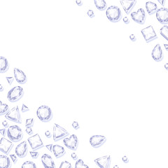 Frame of white sparkle gemstones on white background.