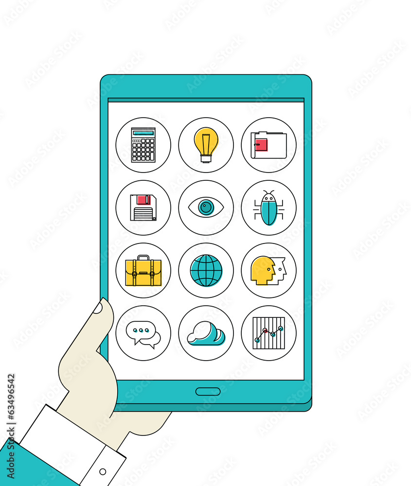 Aufkleber digital tablet in hand with line apps icons