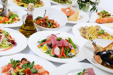 The buffet in the restaurant with different meals