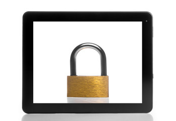 lock inside digital tablet pc on white background