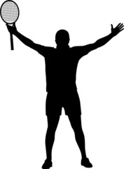 tennis winner raised his hands and racket in the air