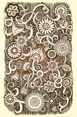 Hand drawn pattern card with flowers and leaves.