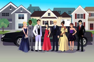 Teen in prom dress standing in front of a long limo