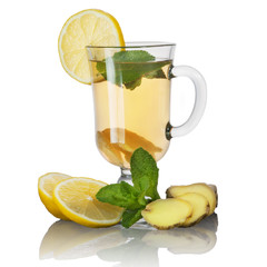 Tea with mint and lemon and ginger on white