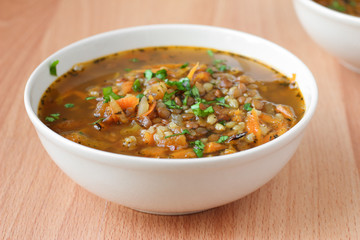 Traditional vegan turkish soup with bulgur and lentils