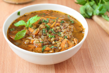 Traditional turkish soup with bulgur and lentils