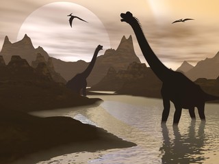 Brachiosaurus dinosaurs in water - 3D render © Elenarts