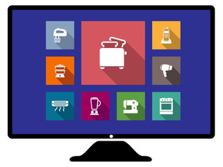 Set of flat home appliances icons on a monitor