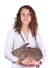 a female vet holding a rabbit