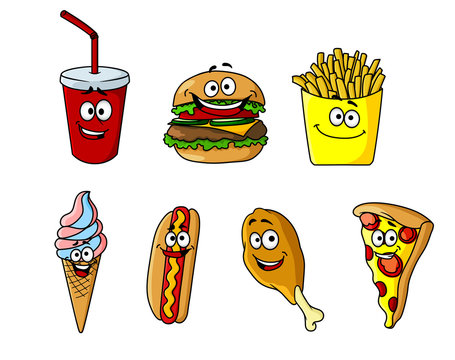 Set of happy cartoon takeaway food icons