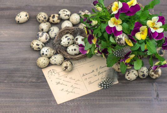 pansy flowers, easter eggs and greeting card
