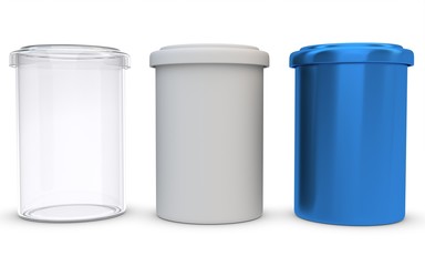 3d glass,plastic and metal jars on white background