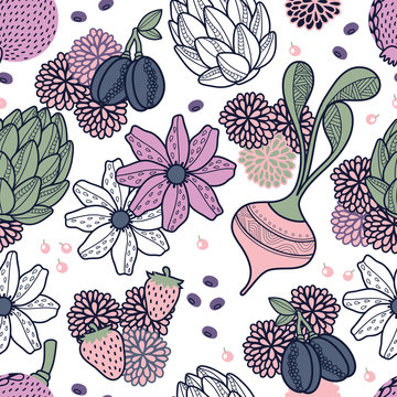 Fototapeta Flowers, vegetables and fruits seamless pattern