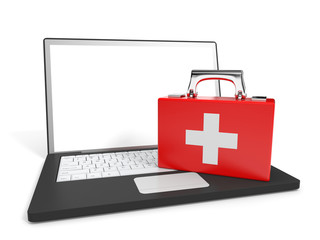 Laptop. First aid.