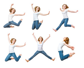 Fototapeta na wymiar happy girl jumping isolated on white, collage, set