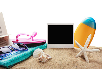 beach accessories and photos on memory isolated